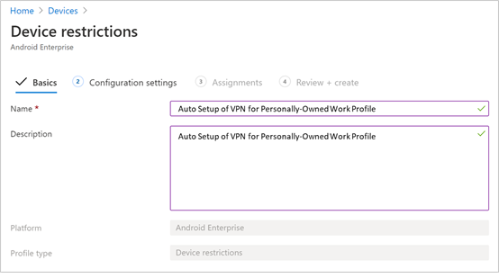 Os campos Nome e Descrição do perfil de configuração de dispositivos no painel Básico
