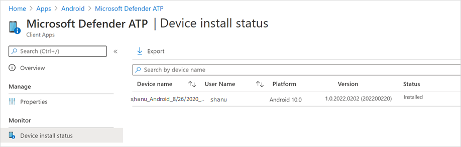 A página instalação do dispositivo status no portal do Microsoft Defender 365