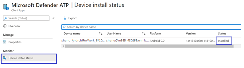 O painel status de instalação do dispositivo