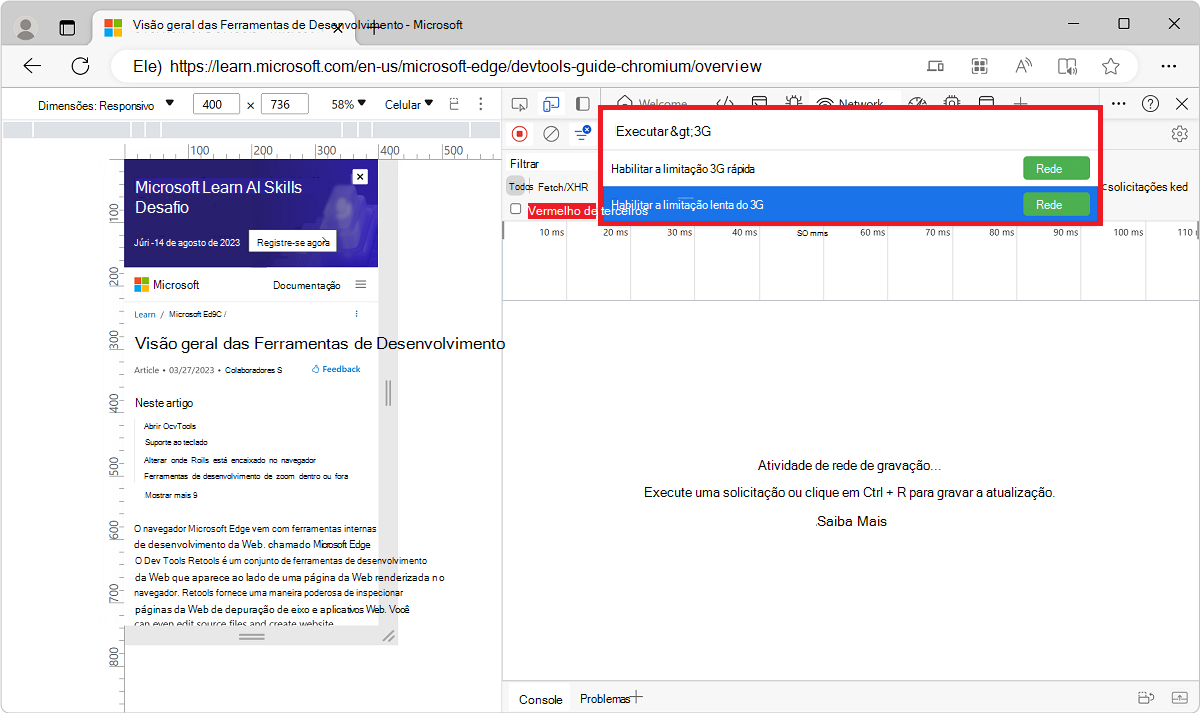 Selecionando Habilitar limitação rápida ou lenta de 3G no Menu de Comando