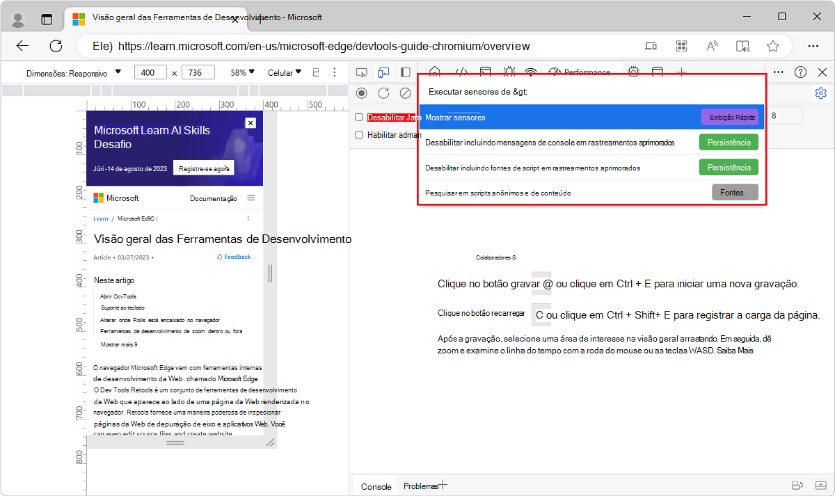 Mostrando sensores para geolocalização, no Menu de Comando