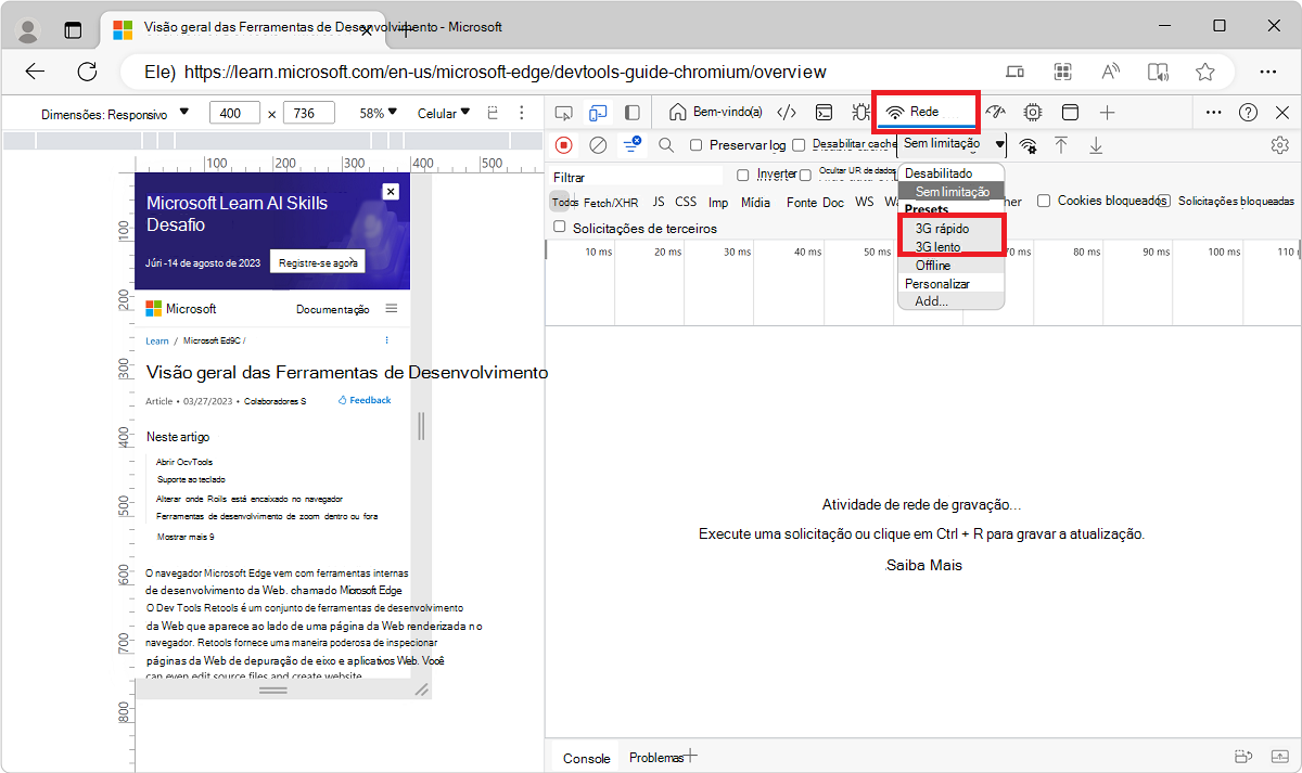 A lista De limitação na ferramenta Rede