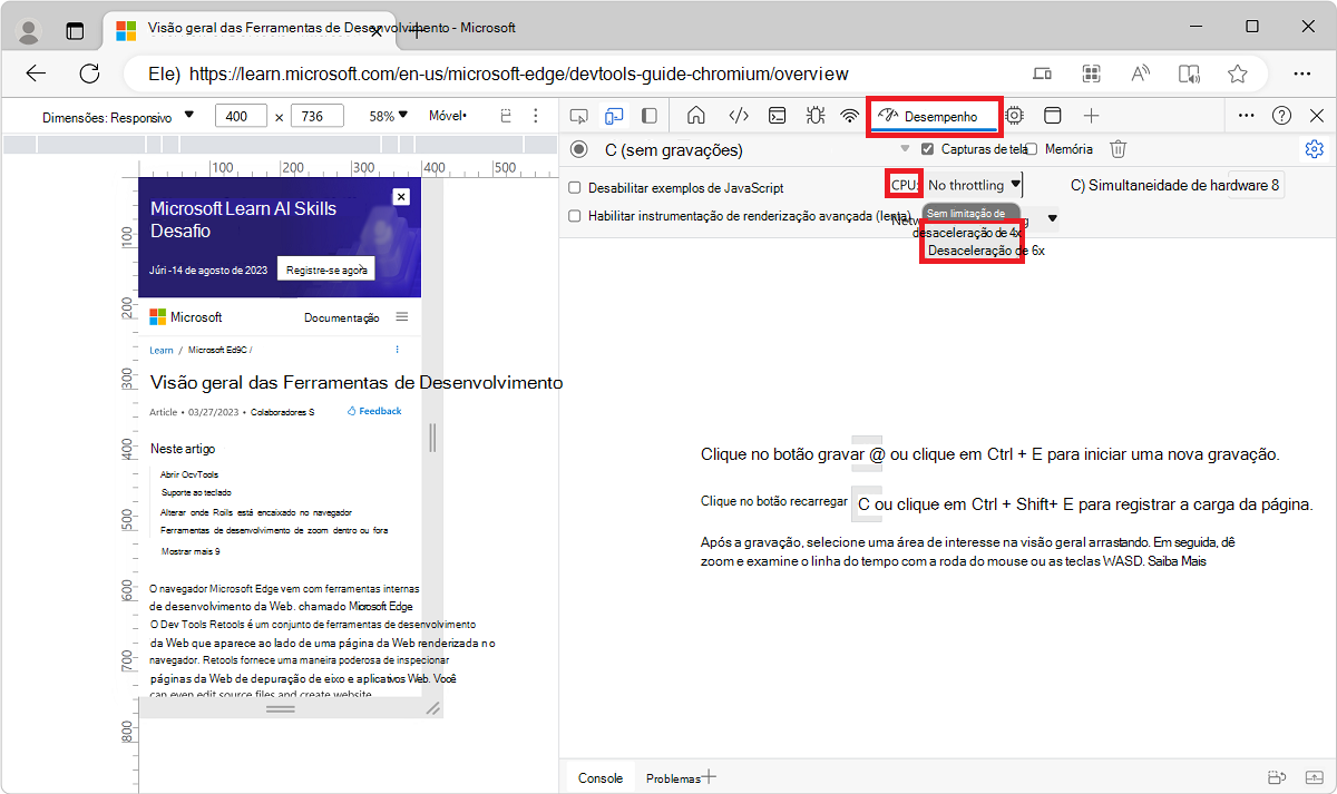 A lista suspensa da CPU na ferramenta Desempenho