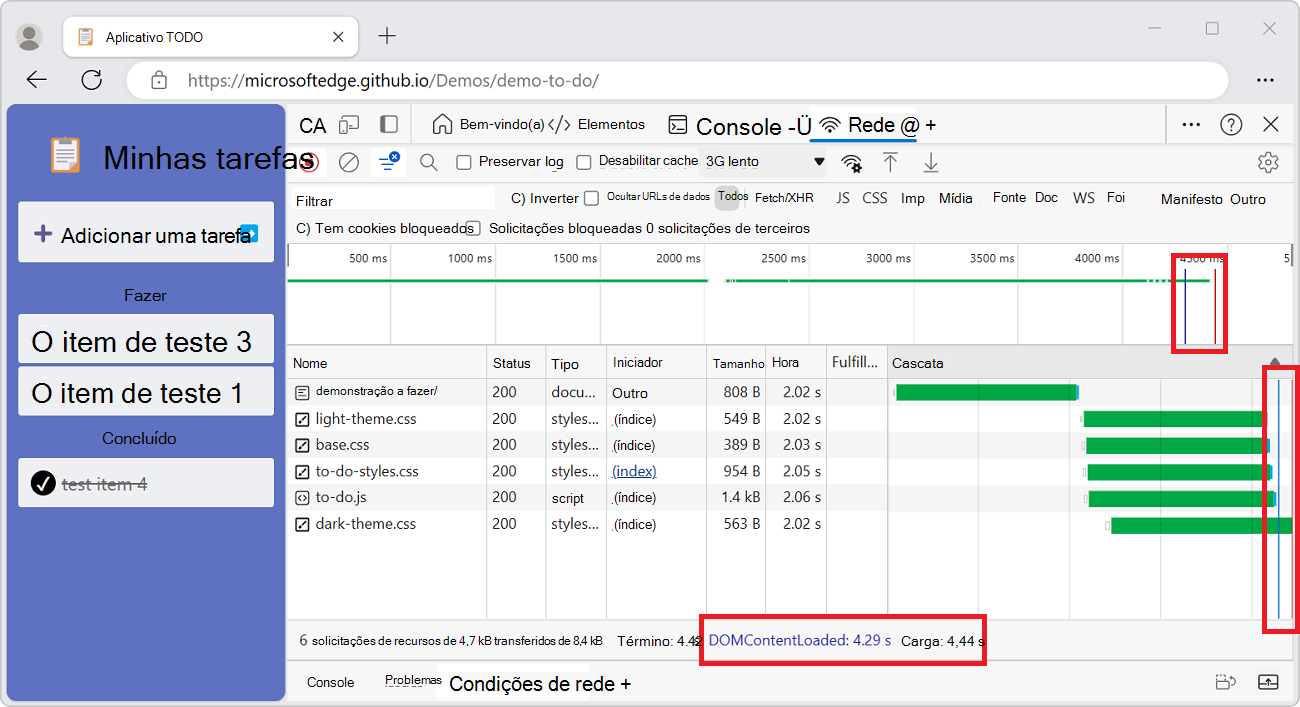 Os locais dos eventos DOMContentLoaded e load no painel Rede