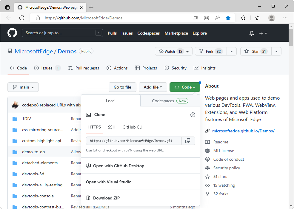 Clonando o repositório MicrosoftEdge/Demos