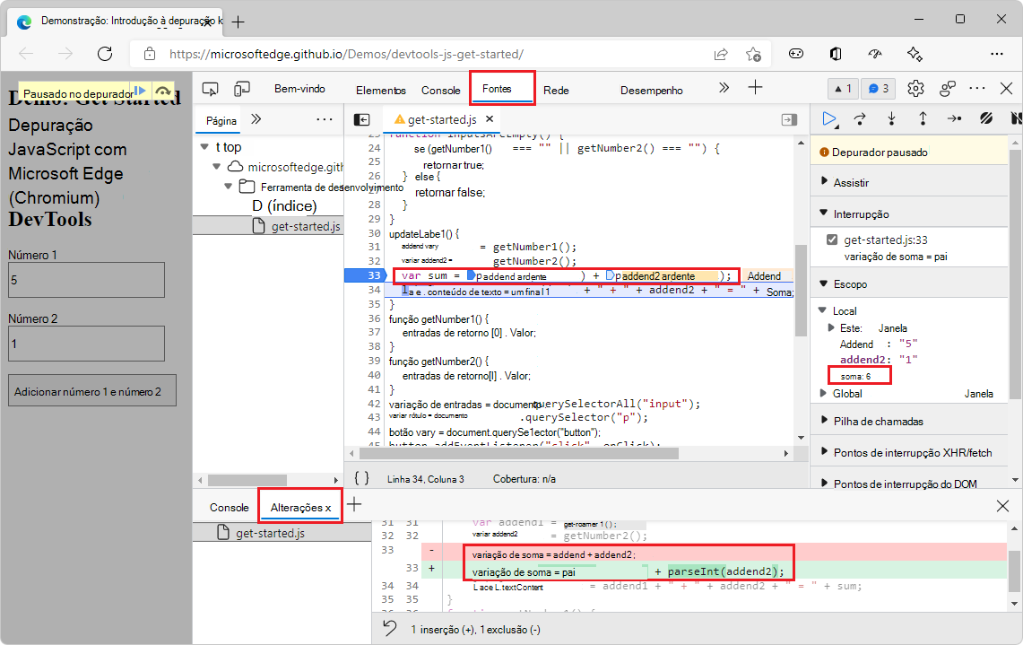 A página da Web de demonstração 'Introdução à Depuração do JavaScript com DevTools'