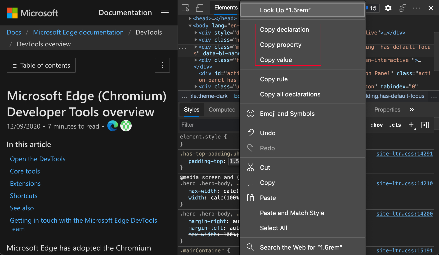 Opções de cópia para uma propriedade CSS no menu de contexto