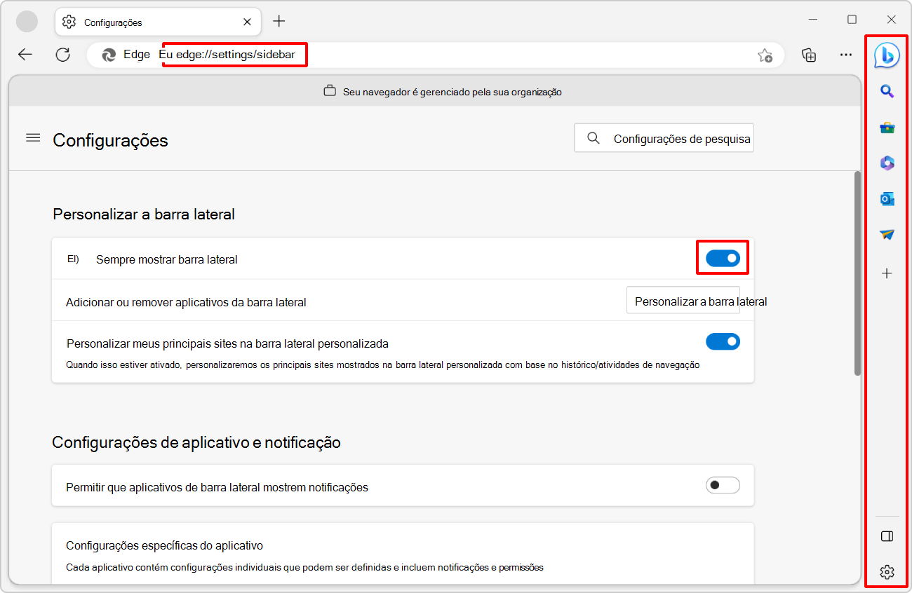 A página Configurações de Borda com a configuração 