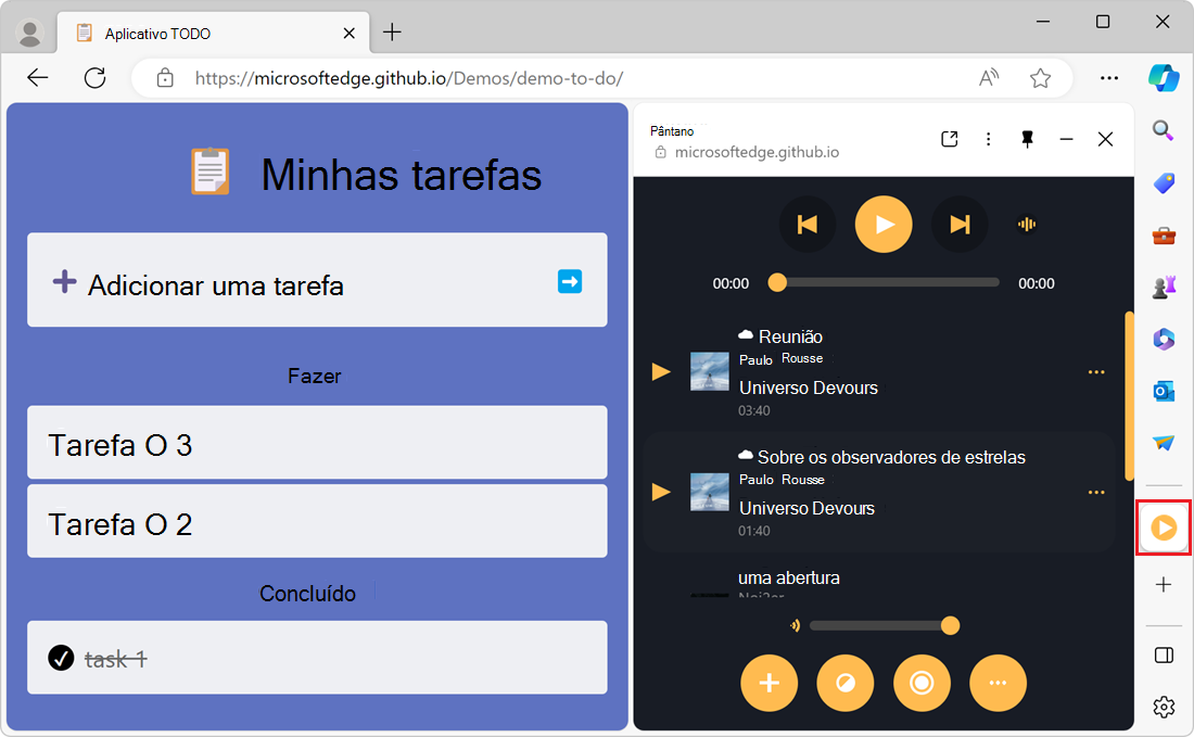 Microsoft Edge com uma guia aberta em um aplicativo de lista TODO e PWAmp na barra lateral