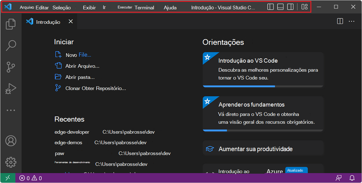 O Visual Studio Code apresenta conteúdo na área da barra de título