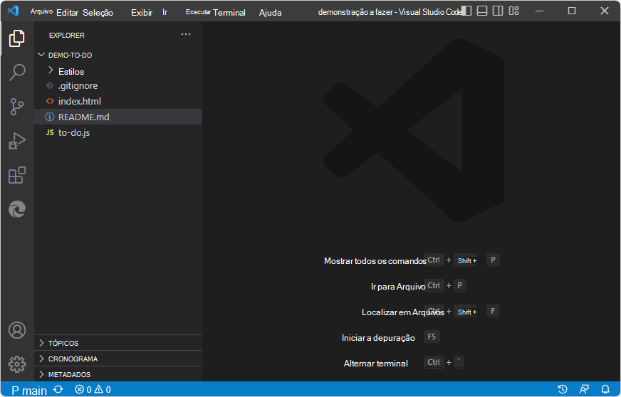 A pasta de exemplo de demonstração de tarefas aberta no Visual Studio Code