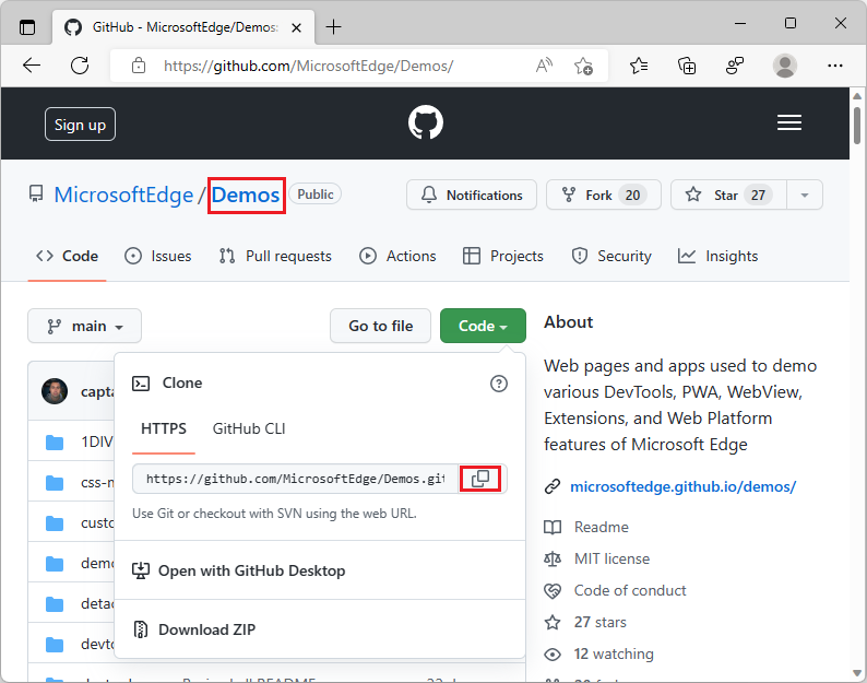 Clonando o repositório MicrosoftEdge/Demos