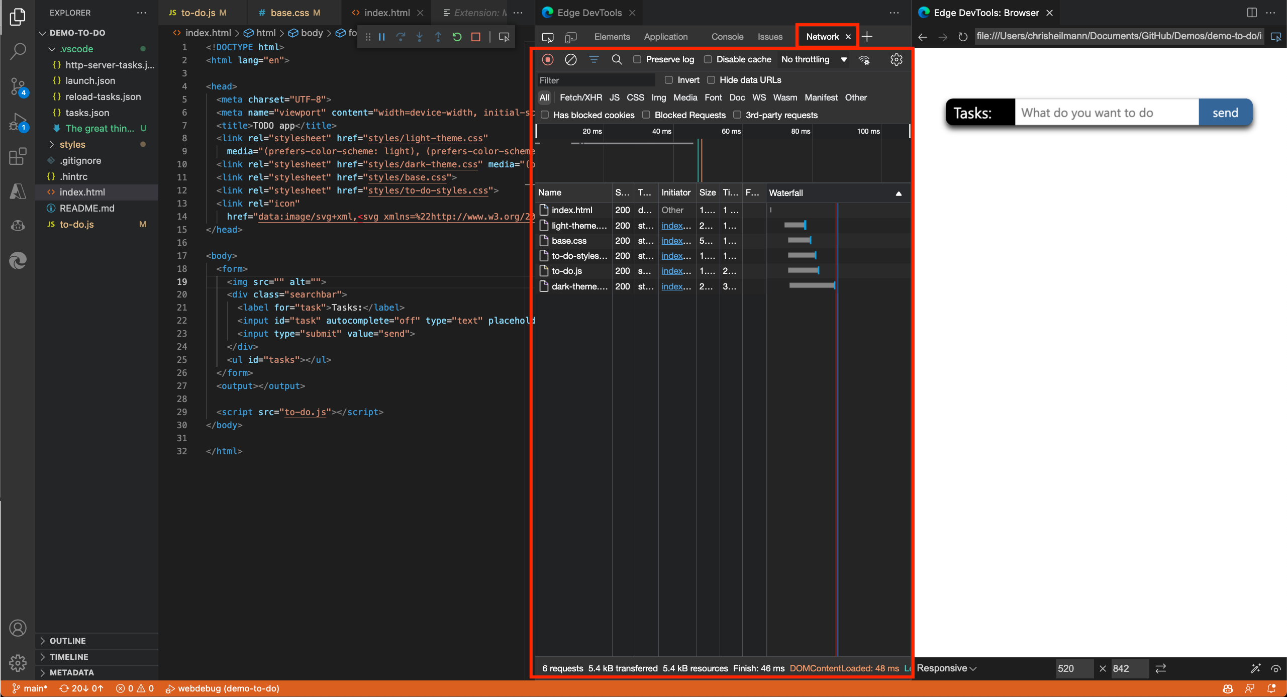 A ferramenta Rede dentro da extensão DevTools do Edge para Visual Studio Code