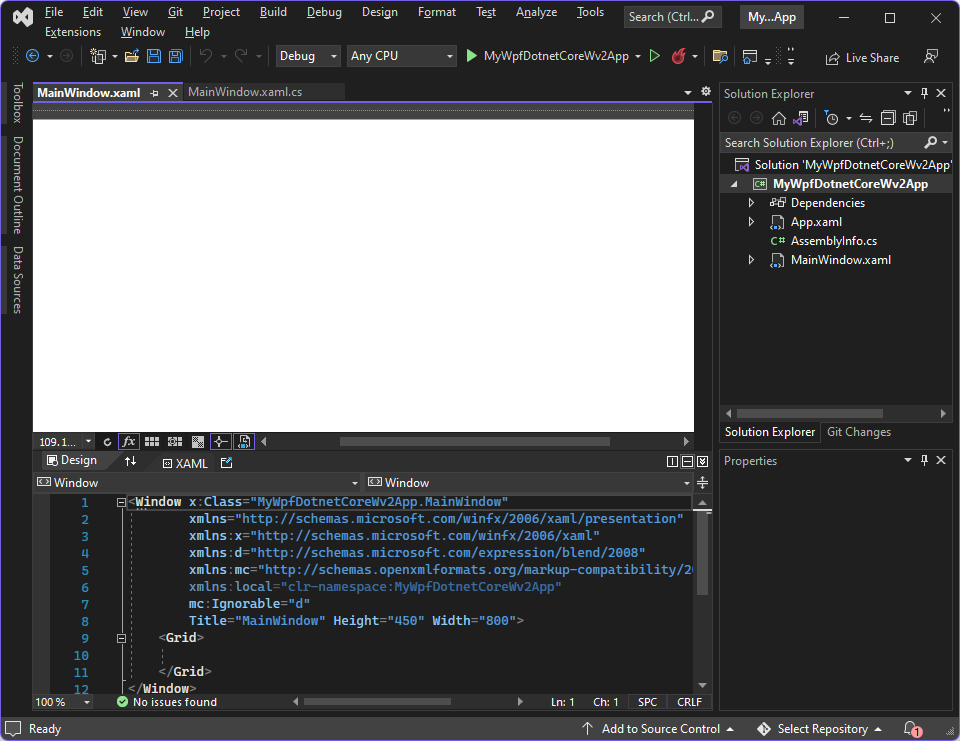 Projeto inicial no Visual Studio 2022 usando o modelo de aplicativo WPF do .NET Core