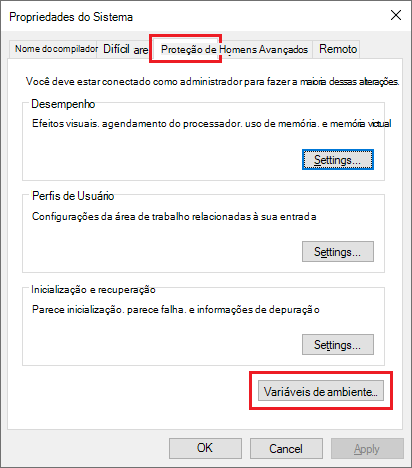 O botão Variáveis de Ambiente na caixa de diálogo Propriedades do Sistema