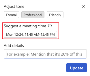 Captura de tela mostrando onde remover uma sugestão de hora da reunião.