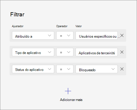 Captura de ecrã a mostrar como filtrar aplicações ao combinar vários critérios, como a disponibilidade da aplicação, o tipo de aplicação e o estado da aplicação.