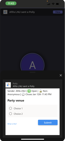 Captura de ecrã a mostrar uma notificação em reunião no no Teams mobile.