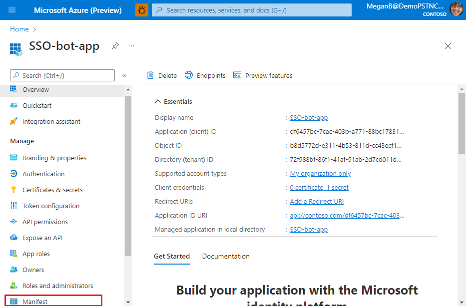 A captura de tela mostra o manifesto do centro de administração Microsoft Entra.