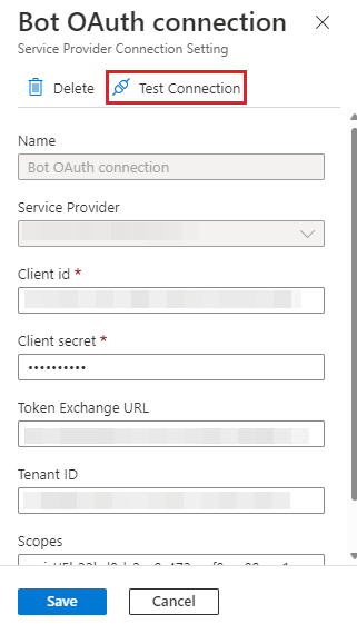 A captura de tela mostra a conexão OAuth de teste para a opção de recurso do bot.