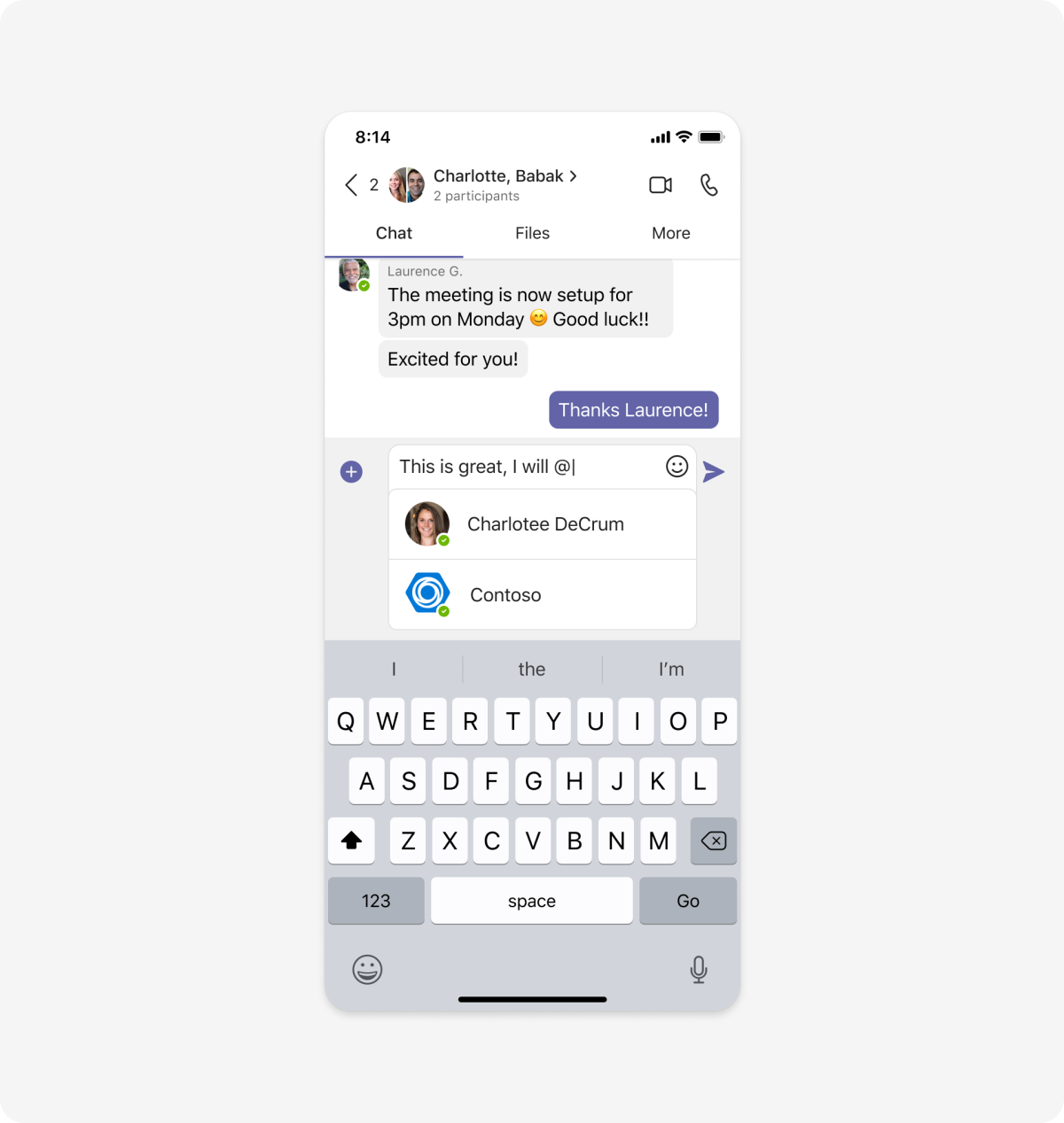 Exemplo mostrando como acessar um bot de dispositivo móvel em um chat em grupo usando uma @menção.