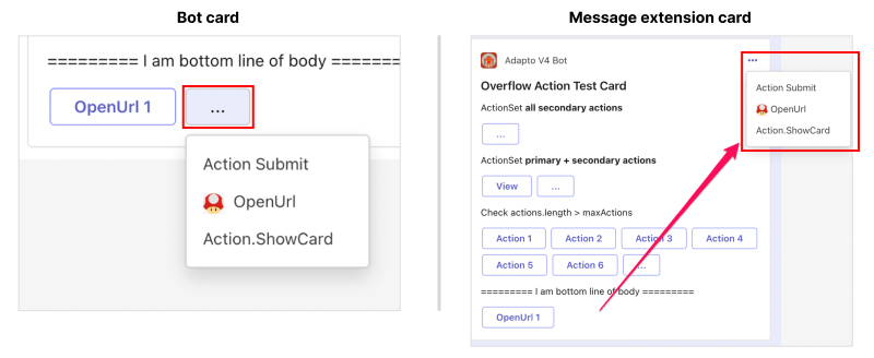 Captura de ecrã a mostrar um exemplo do comportamento do menu de capacidade excedida num cartão enviado por bot e num cartão de extensão de mensagens.