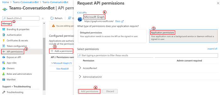 Adicione permissões de API.