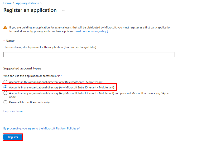 A captura de tela mostra a opção de registrar o bot no centro de administração do Microsoft Entra.