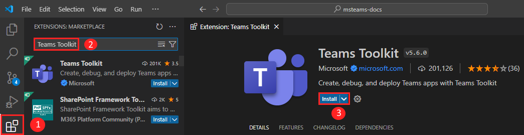 A captura de tela mostra a instalação da extensão do Teams Toolkit.