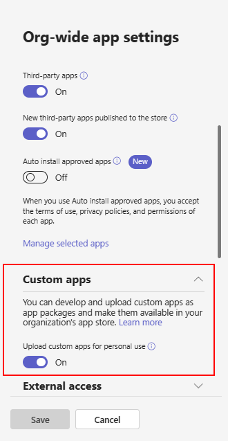 A captura de tela mostra as configurações do aplicativo do lado da organização para carregamento personalizado do aplicativo.