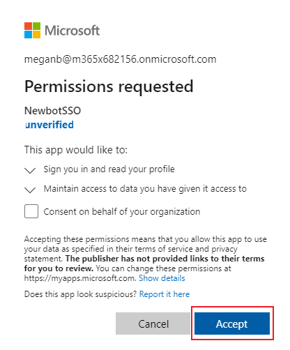 Captura de tela da caixa de diálogo de consentimento da Microsoft com Aceitar realçado em vermelho.