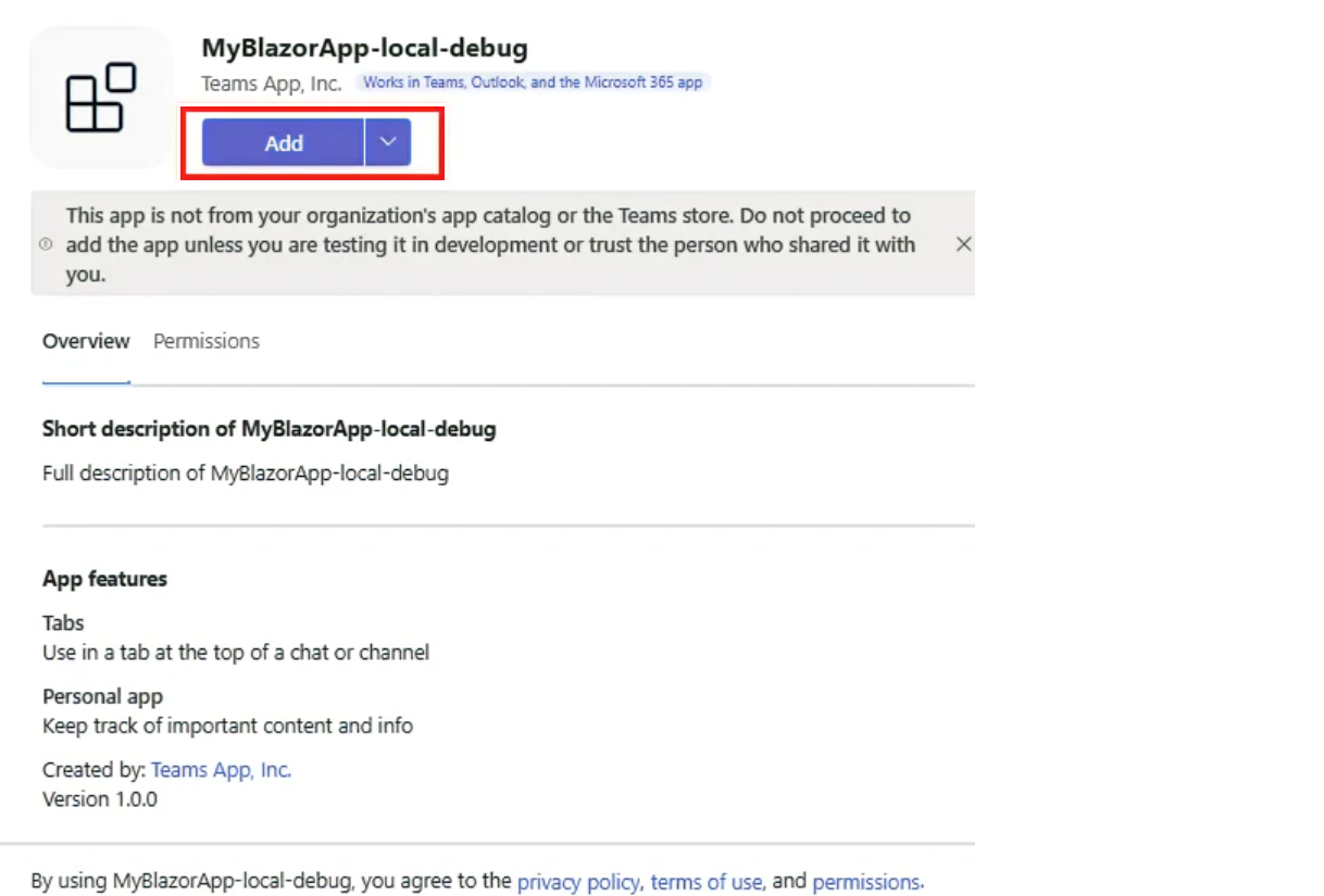 Captura de ecrã da depuração local do BlazorApp com a opção Adicionar realçada a vermelho.