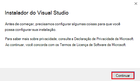 Captura de ecrã do Instalador do Visual Studio com as opções de continuação realçadas a vermelho.