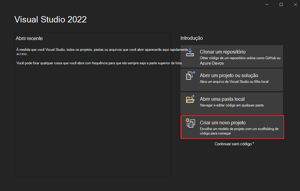Captura de ecrã do Visual Studio com a opção Criar um novo projeto realçada a vermelho para a aplicação Blazor.