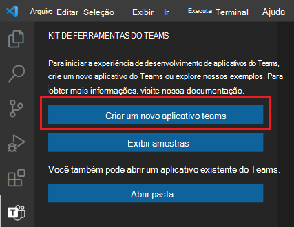 A captura de tela mostra o local do link Criar Novo Projeto na barra lateral do Teams Toolkit.