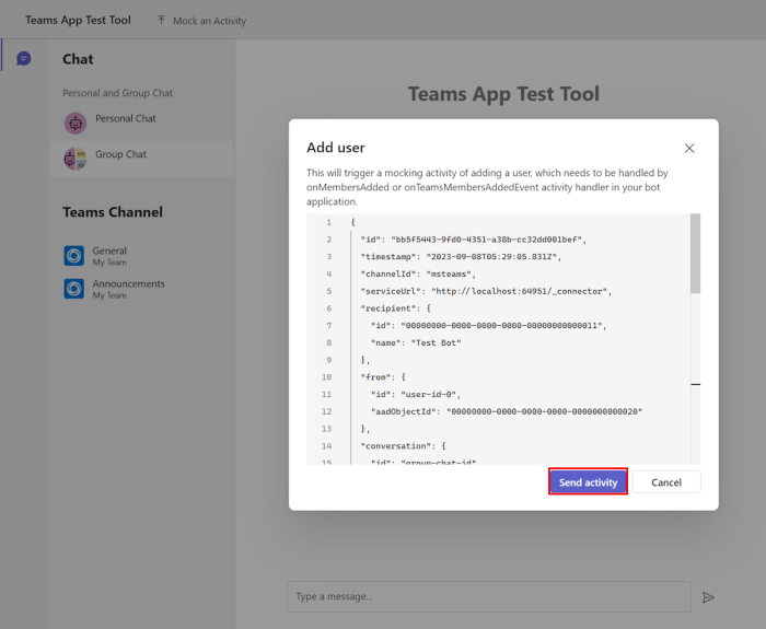 Captura de ecrã a mostrar a opção para enviar atividade para adicionar utilizadores a atividades fictícias predefinidas.