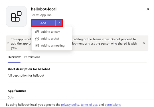 A captura de tela mostra que o bot está sendo adicionado no cliente do Teams.