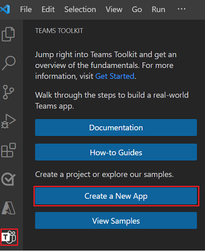 A captura de tela mostra o local do link Criar Novo Projeto na barra lateral do Teams Toolkit.