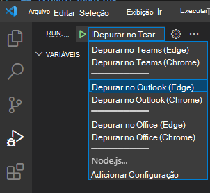 A captura de tela mostra o menu suspenso de depuração no Teams Toolkit.