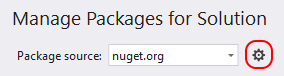 Captura de tela mostrando o ícone Configurações de origem do pacote realçado.
