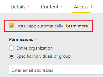 Captura de tela do Portal de administração do Power BI com a opção Instalar aplicativo automaticamente selecionada.