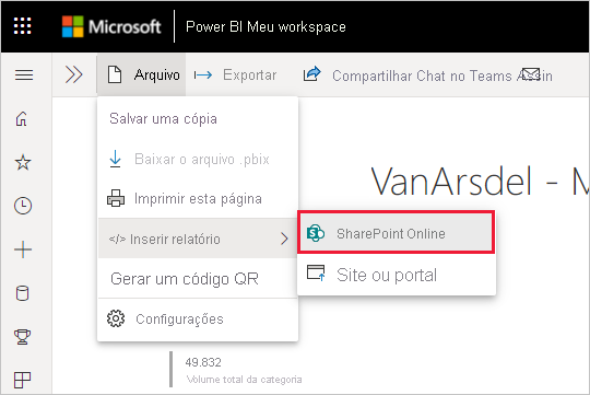 Captura de tela mostrando o menu Mais opções com a opção SharePoint Online realçada.