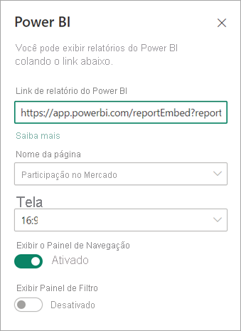 Captura de tela da caixa de diálogo das novas propriedades da Web Part do SharePoint com o link de relatório do Power BI realçado.