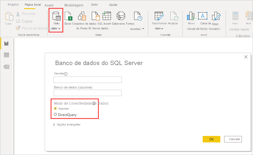 Opções Importar e DirectQuery, caixa de diálogo Banco de Dados do SQL Server, Power BI Desktop