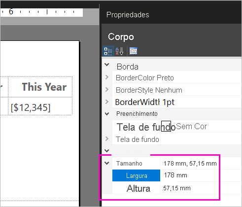 Screenshot of body size properties.