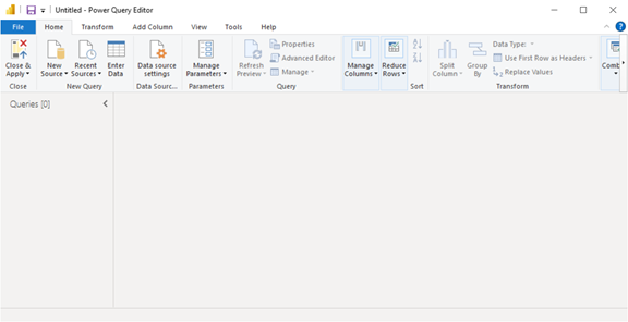 Screenshot of Power BI Desktop showing Power Query Editor with no data connections.