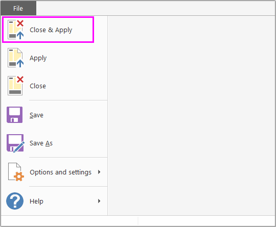 Screenshot of Power BI Desktop showing the Close and Apply option under the File tab.