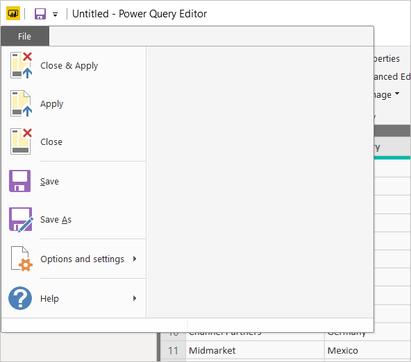  Screenshot of Power BI Desktop showing the Power Query Editor File tab. The save and save as options highlighted.