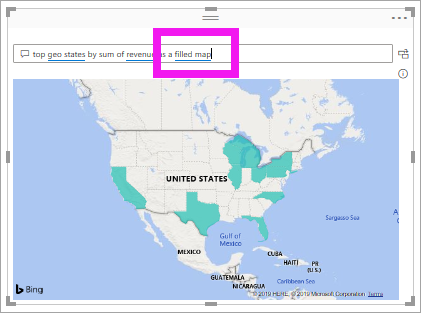Screenshot that shows the Q&A visual converted to a filled map on the report canvas.