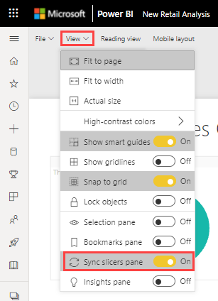 Screenshot of Sync slicers selection in the Power BI service.